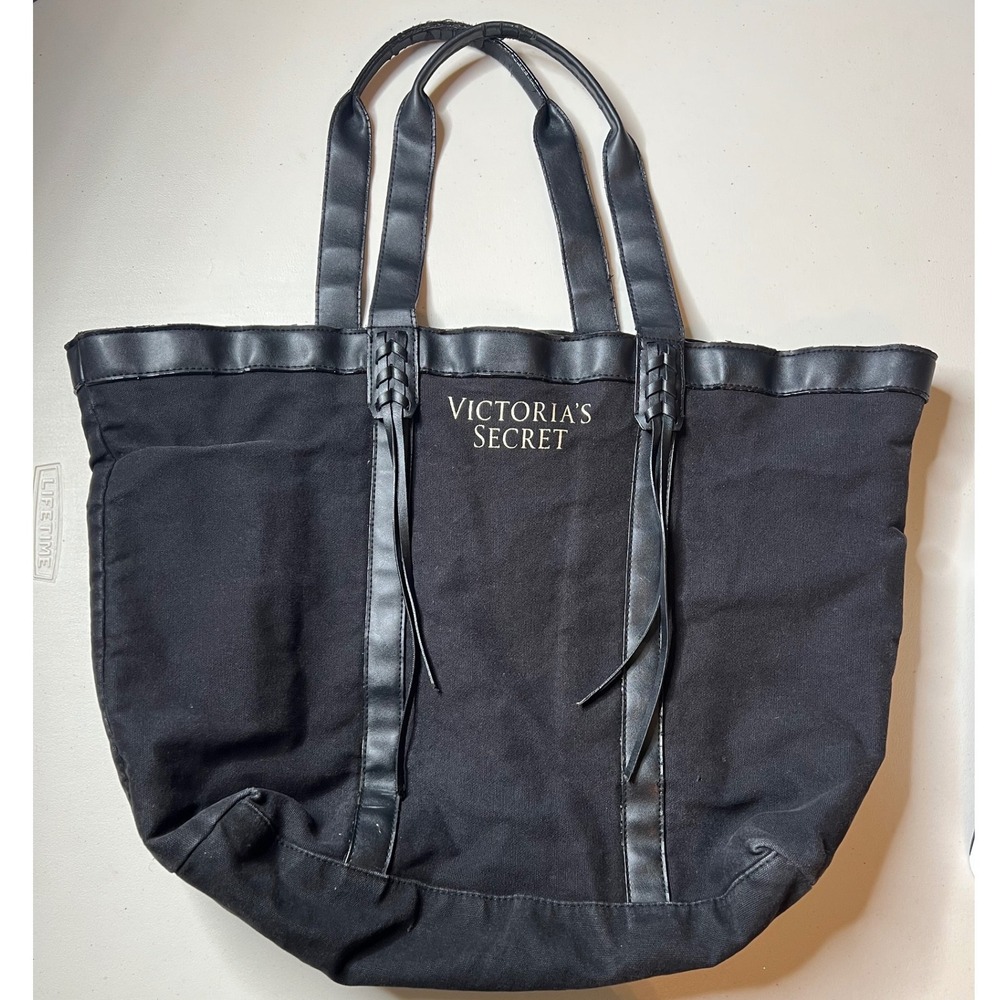 Victorias Secret Black Canvas Tote Bag Gold Logo Faux Leather Trim Boho‎ Tassels